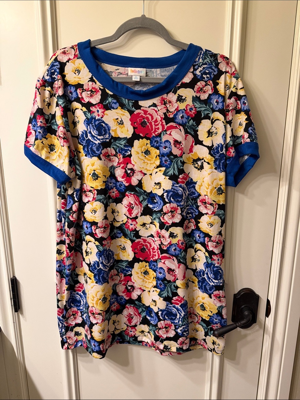 LuLaRoe Floral Short Sleeve Liv Tee with Blue Trim